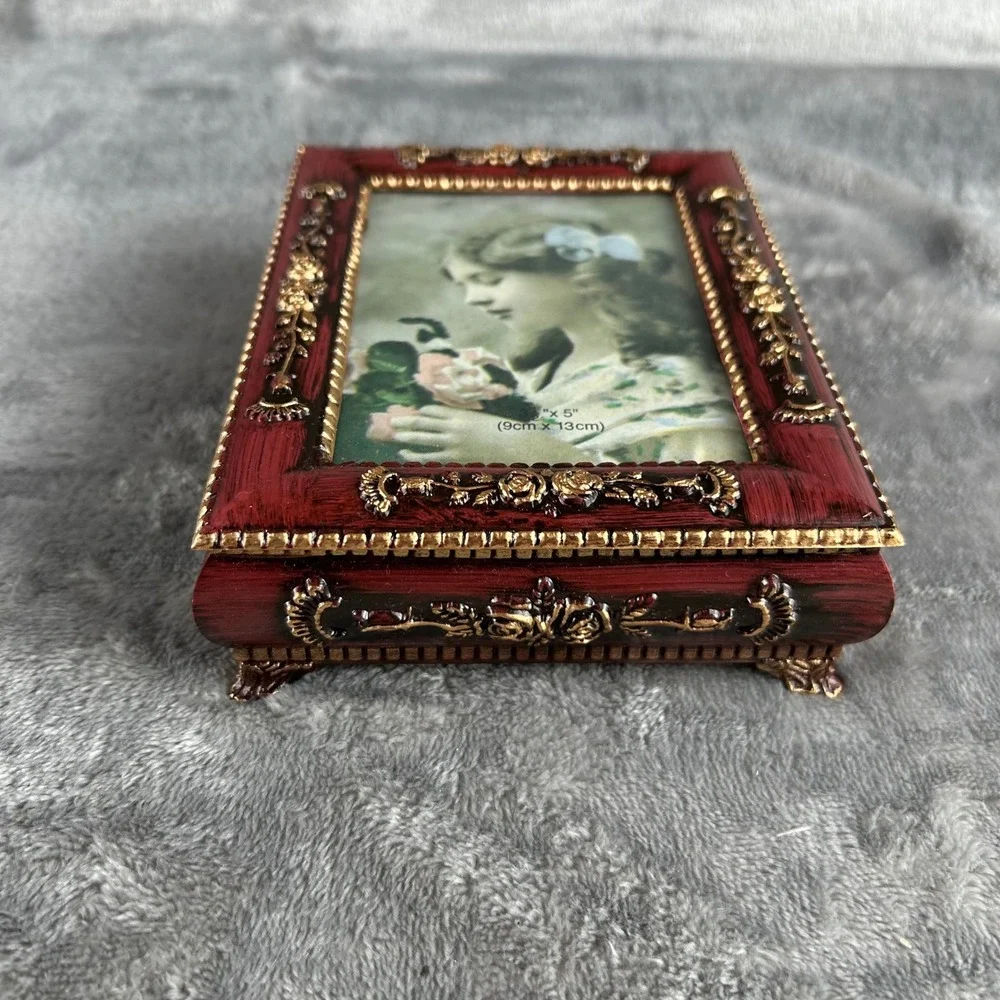 Vintage Style Red Gold Floral Jewelry Box Picture Frame Lid Keepsake Trinket Box